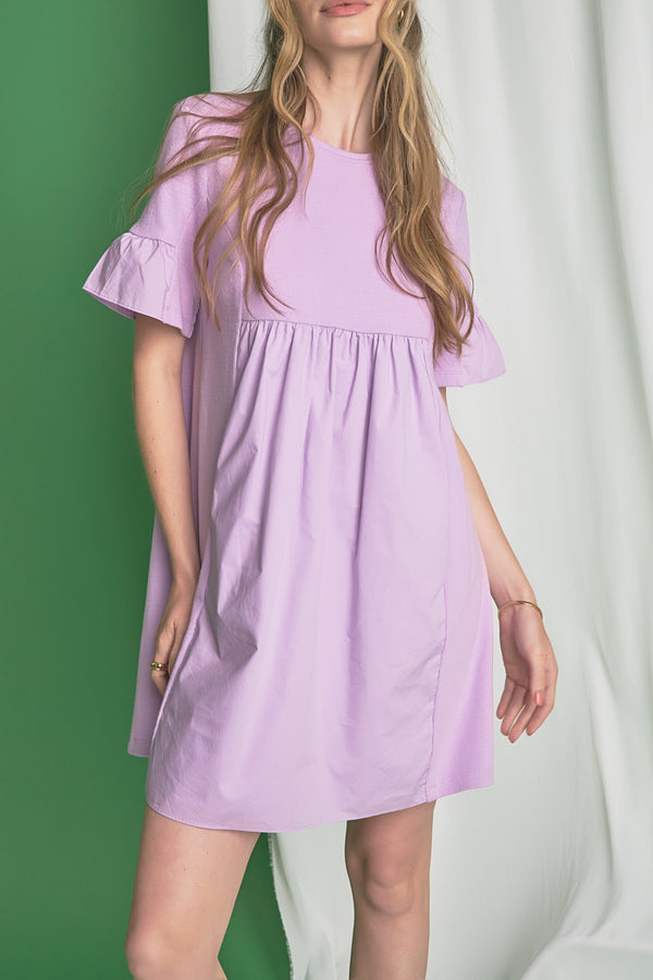 English Factory Mixed Media Ruffled Short-Sleeve Mini Dress CORAL