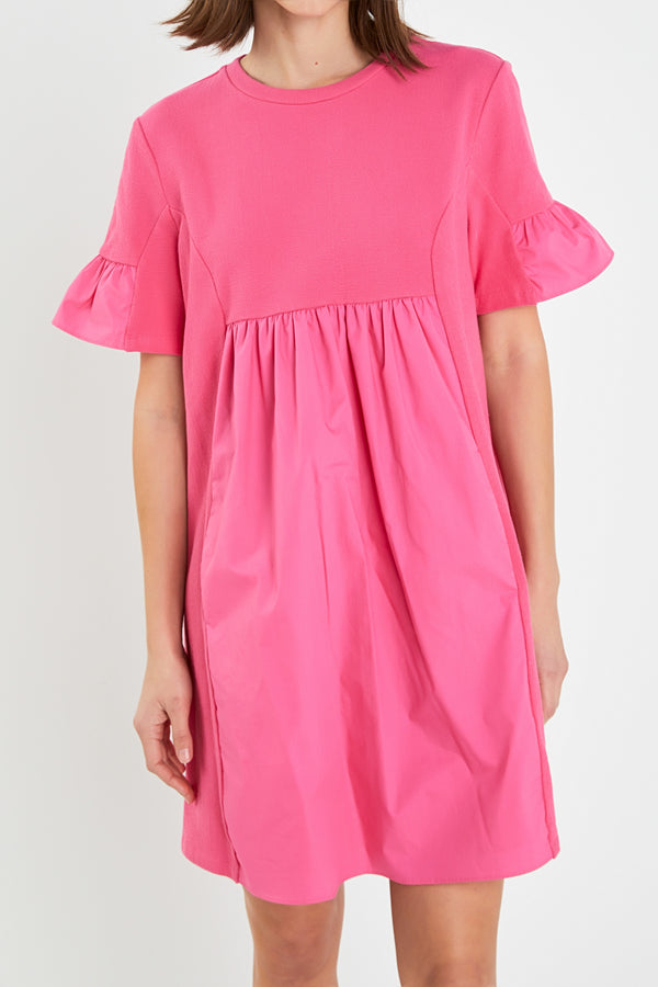 English Factory Mixed Media Ruffled Short-Sleeve Mini Dress FUCHSIA