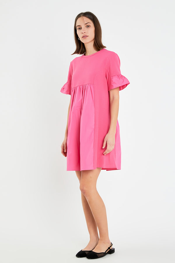 English Factory Mixed Media Ruffled Short-Sleeve Mini Dress FUCHSIA