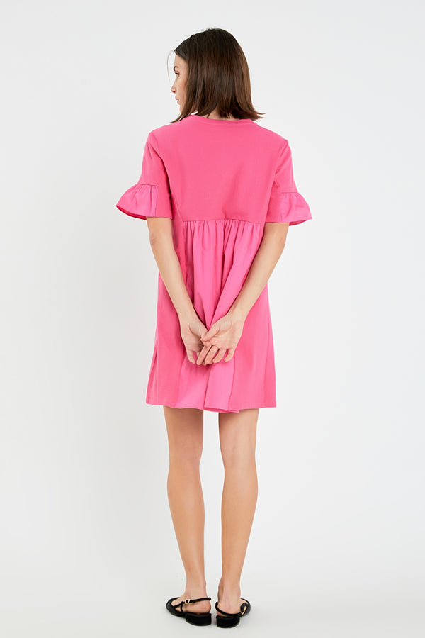 English Factory Mixed Media Ruffled Short-Sleeve Mini Dress FUCHSIA