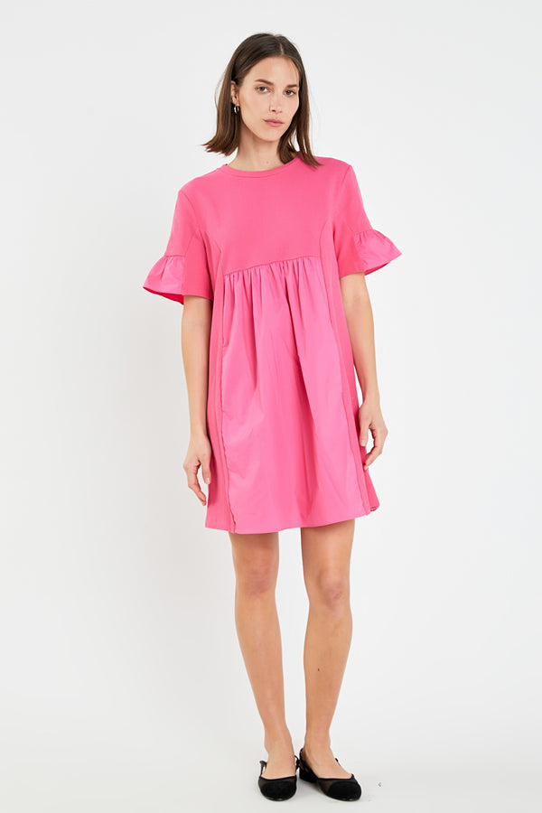 english factory Mixed Media Ruffled Short-Sleeve Mini Dress FUCHSIA