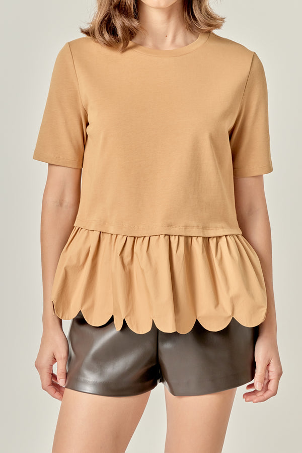English Factory Mixed Media Scallop Detail T-shirt TAN