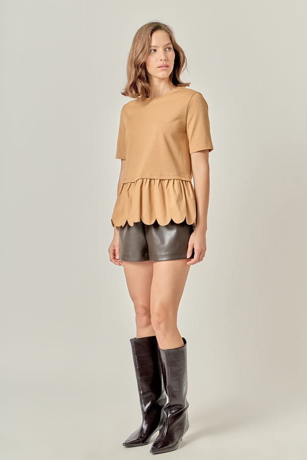 English Factory Mixed Media Scallop Detail T-shirt TAN