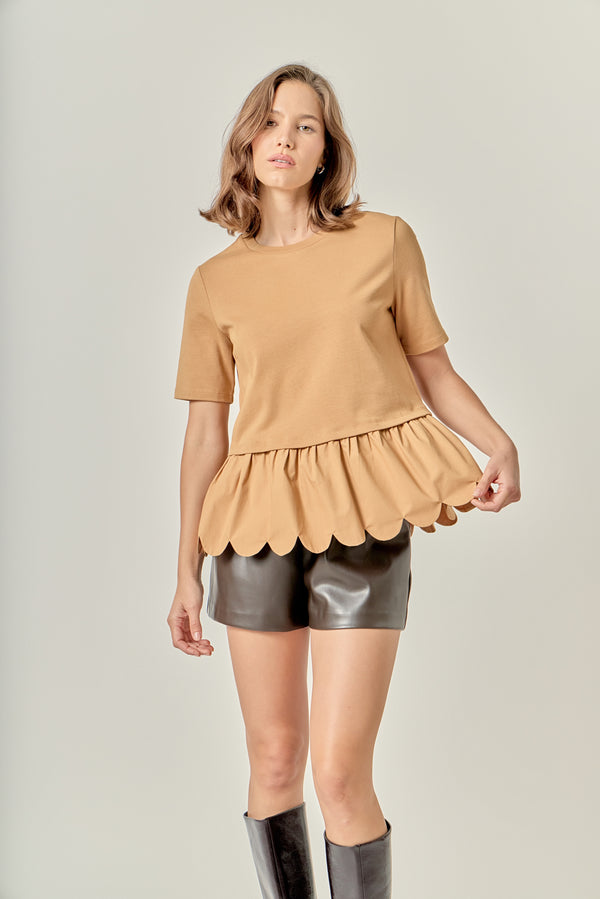 English Factory Mixed Media Scallop Detail T-shirt TAN