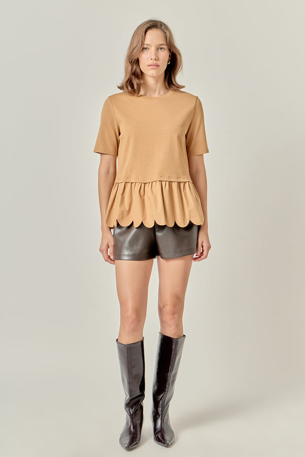 english factory Mixed Media Scallop Detail T-shirt TAN