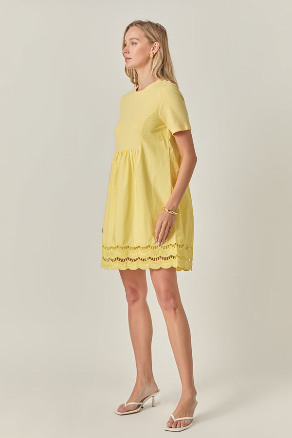 English Factory Mixed Media Scallop Lace Mini Dress YELLOW
