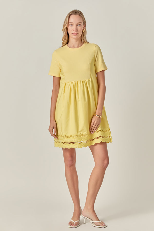 english factory Mixed Media Scallop Lace Mini Dress YELLOW