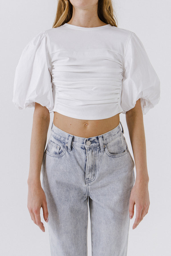 English Factory Mixed Media Shirred Puff Sleeve Top WHITE