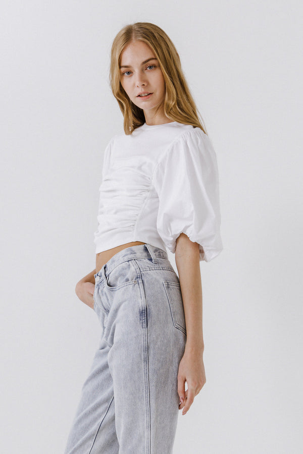 English Factory Mixed Media Shirred Puff Sleeve Top WHITE