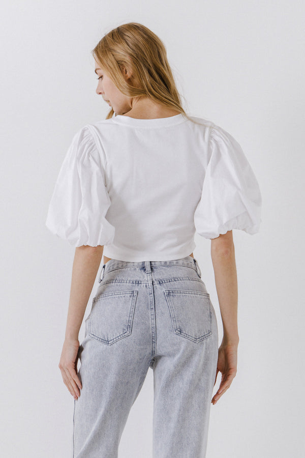 English Factory Mixed Media Shirred Puff Sleeve Top WHITE