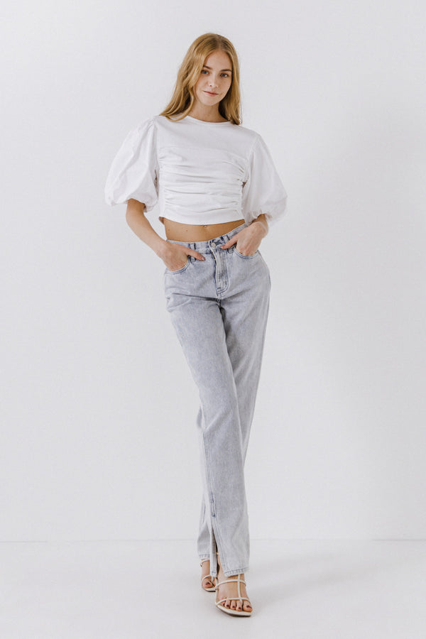 english factory Mixed Media Shirred Puff Sleeve Top WHITE