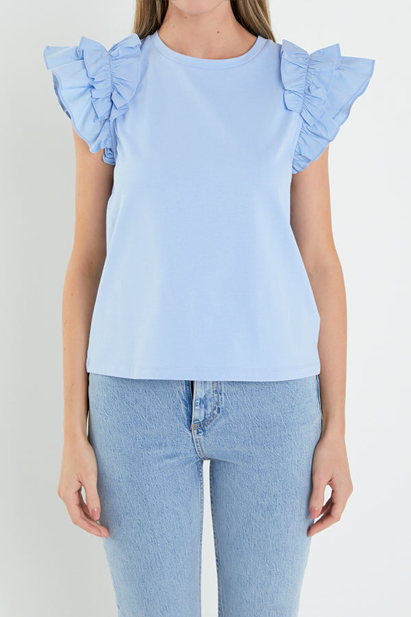 English Factory Mixed Media Shoulder Ruffle Detail T-shirt POWDER BLUE