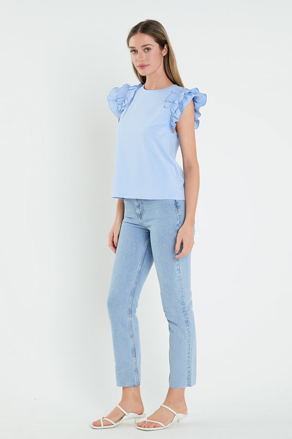 English Factory Mixed Media Shoulder Ruffle Detail T-shirt POWDER BLUE