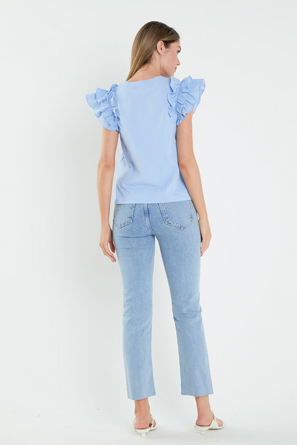 English Factory Mixed Media Shoulder Ruffle Detail T-shirt POWDER BLUE