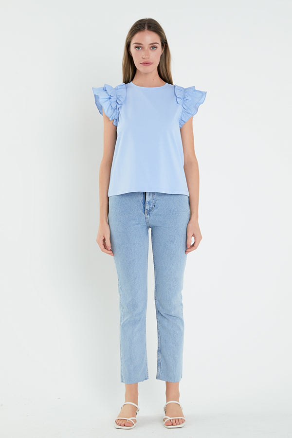 english factory Mixed Media Shoulder Ruffle Detail T-shirt POWDER BLUE