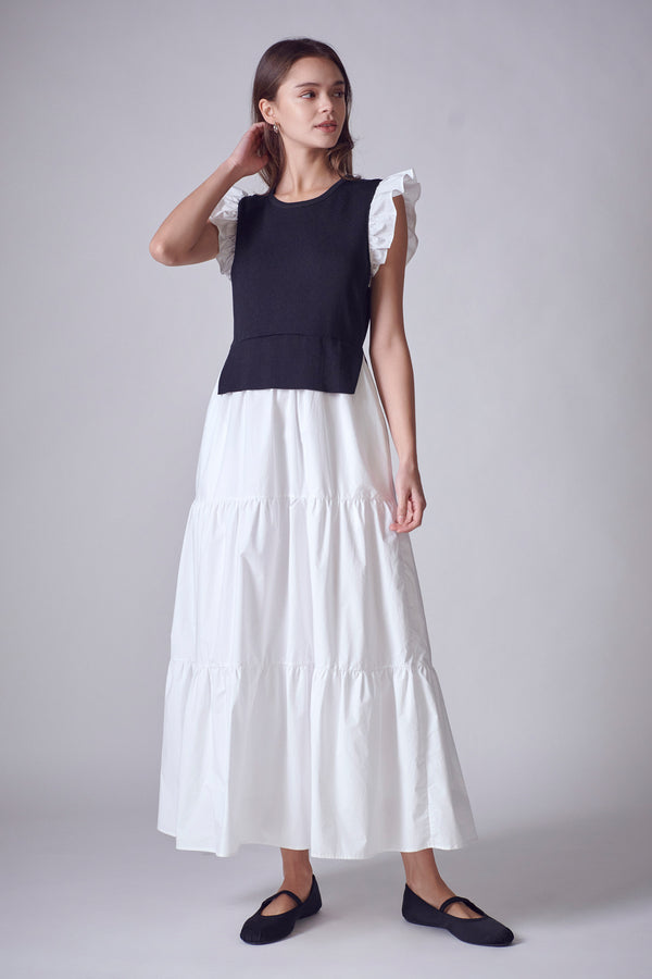 english factory Mixed Media Sleeveless Maxi Dress BLACK/WHITE