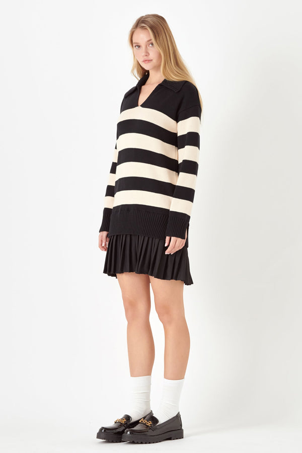 English Factory Mixed Media Stripe Pleated Mini Dress BLACK/NUDE