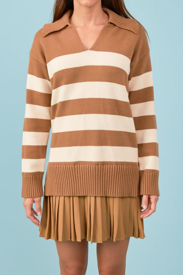 English Factory Mixed Media Stripe Pleated Mini Dress CAMEL/NUDE