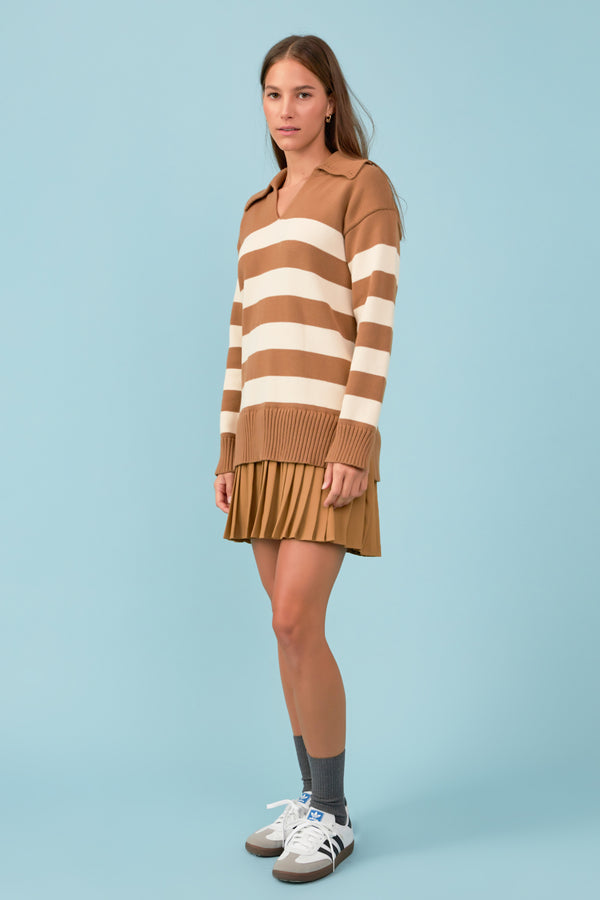 English Factory Mixed Media Stripe Pleated Mini Dress CAMEL/NUDE