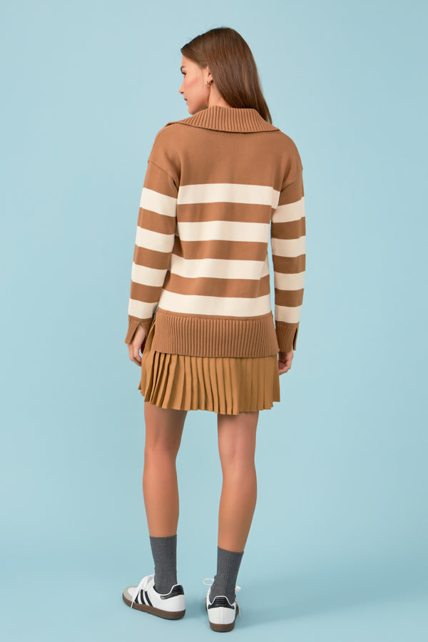 English Factory Mixed Media Stripe Pleated Mini Dress CAMEL/NUDE