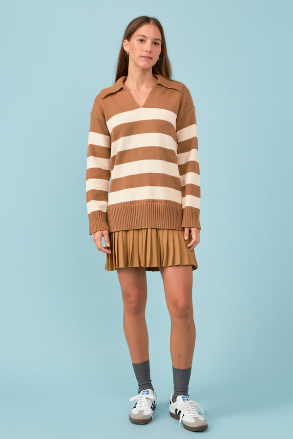 english factory Mixed Media Stripe Pleated Mini Dress CAMEL/NUDE