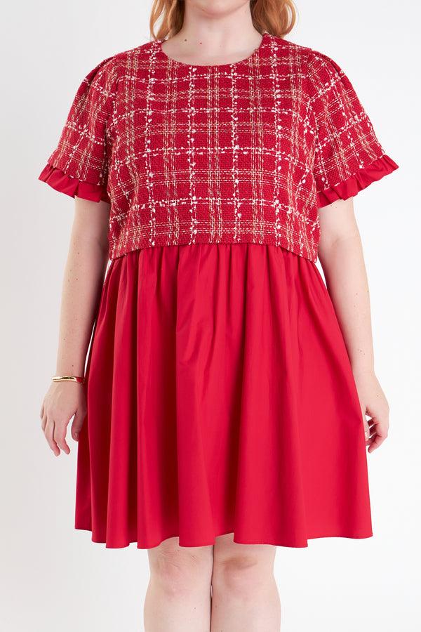 English Factory Mixed Media Tweed Poplin Mini Dress RED