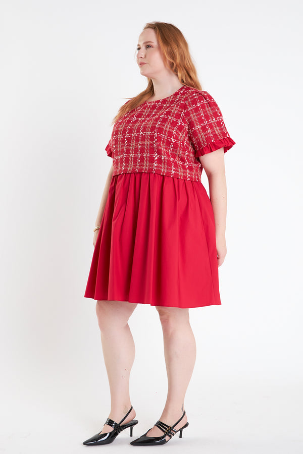 English Factory Mixed Media Tweed Poplin Mini Dress RED