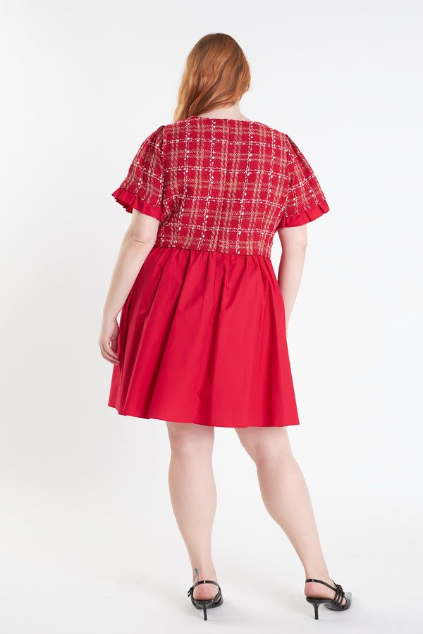 English Factory Mixed Media Tweed Poplin Mini Dress RED