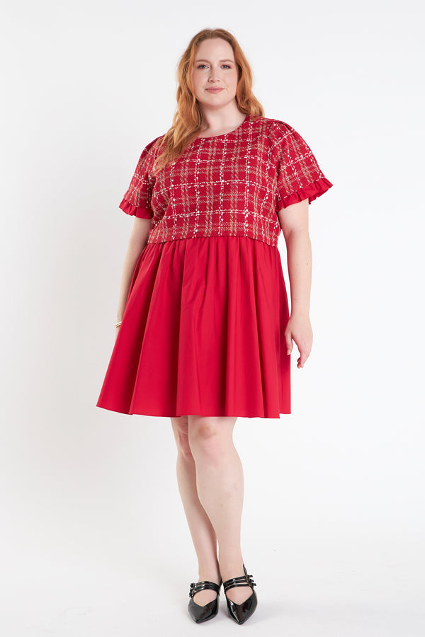 english factory Mixed Media Tweed Poplin Mini Dress RED