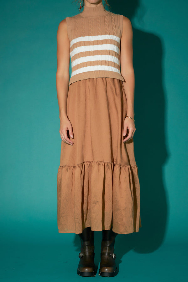 English Factory Mock Neck Sleeveless Mix Media Dress CAMEL/WHITE