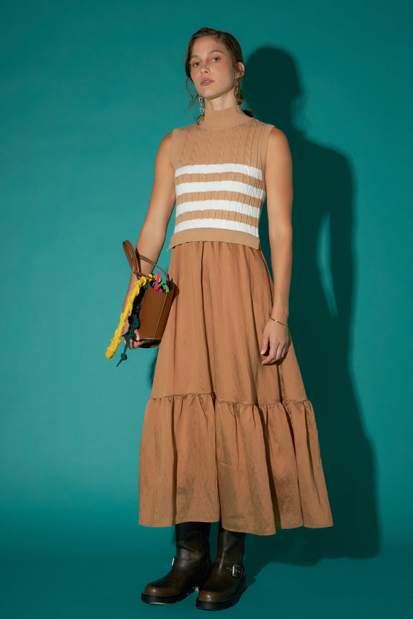 English Factory Mock Neck Sleeveless Mix Media Dress CAMEL/WHITE