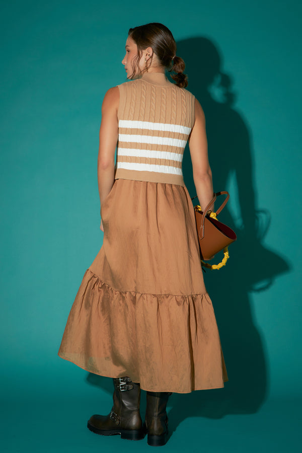 English Factory Mock Neck Sleeveless Mix Media Dress CAMEL/WHITE