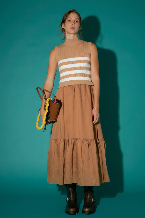 english factory Mock Neck Sleeveless Mix Media Dress CAMEL/WHITE