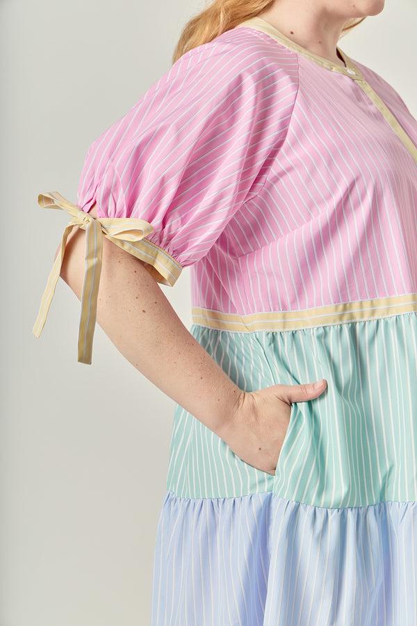 English Factory Multi-Stripe Colorblock Tiered Midi Dress MULTI