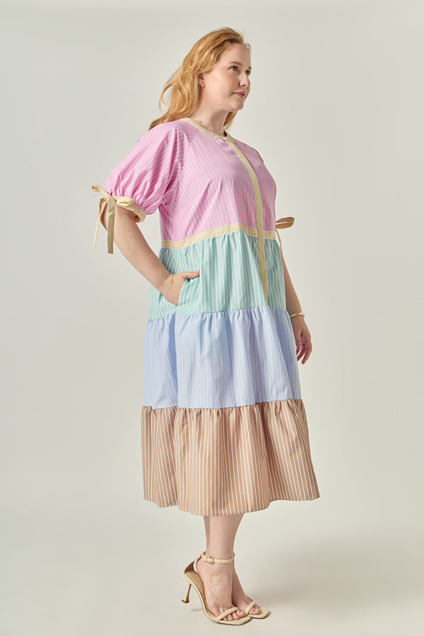 English Factory Multi-Stripe Colorblock Tiered Midi Dress MULTI
