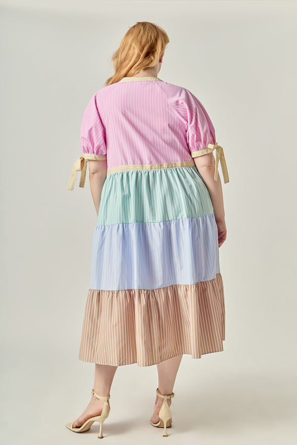 English Factory Multi-Stripe Colorblock Tiered Midi Dress MULTI