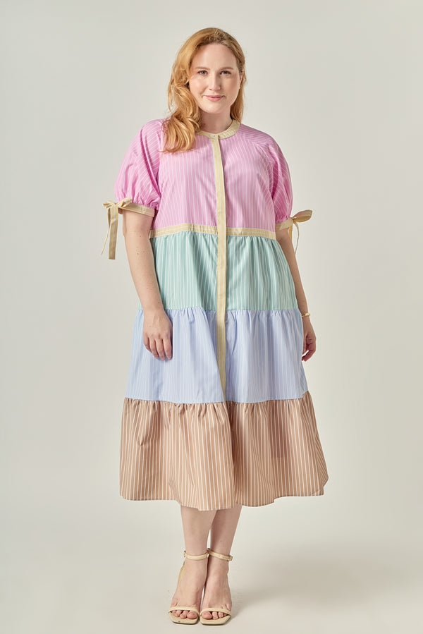 english factory Multi-Stripe Colorblock Tiered Midi Dress MULTI