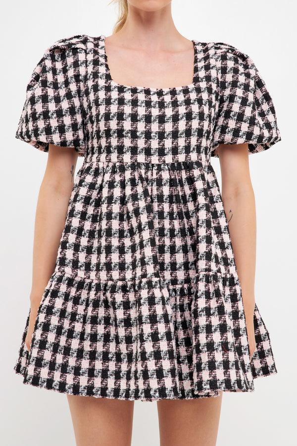 English Factory Multi Tweed Puff Sleeve Mini Dress BLACK/PINK