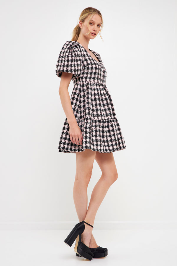 English Factory Multi Tweed Puff Sleeve Mini Dress BLACK/PINK