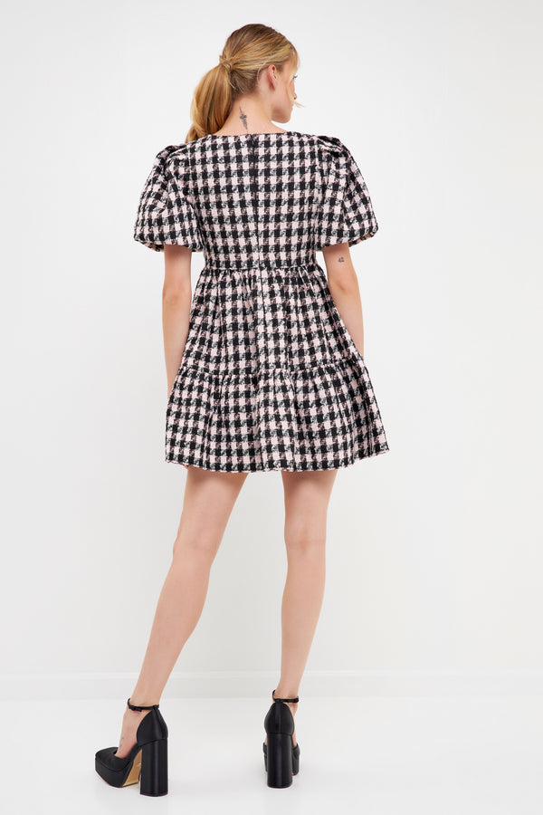 English Factory Multi Tweed Puff Sleeve Mini Dress BLACK/PINK