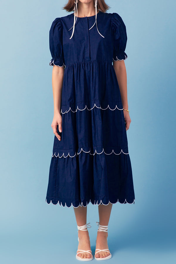 English Factory Navy Scalloped Edge Midi Dress NAVY/WHITE