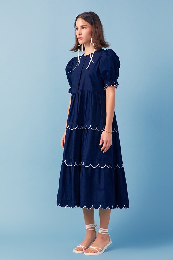English Factory Navy Scalloped Edge Midi Dress NAVY/WHITE