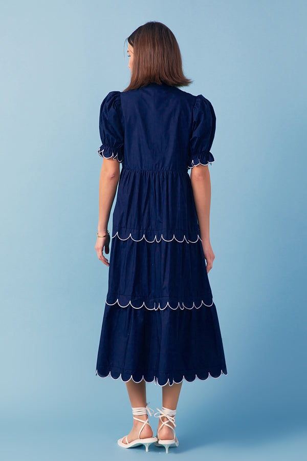 English Factory Navy Scalloped Edge Midi Dress NAVY/WHITE