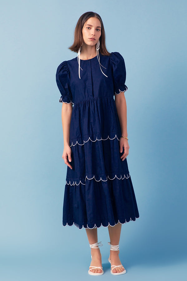 english factory Navy Scalloped Edge Midi Dress NAVY/WHITE