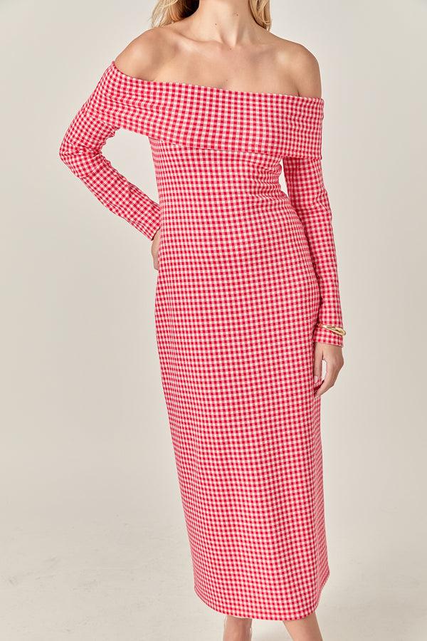 English Factory Off-Shoulder Gingham Midi Dress RED
