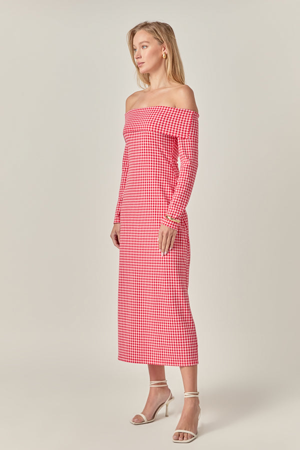 English Factory Off-Shoulder Gingham Midi Dress RED