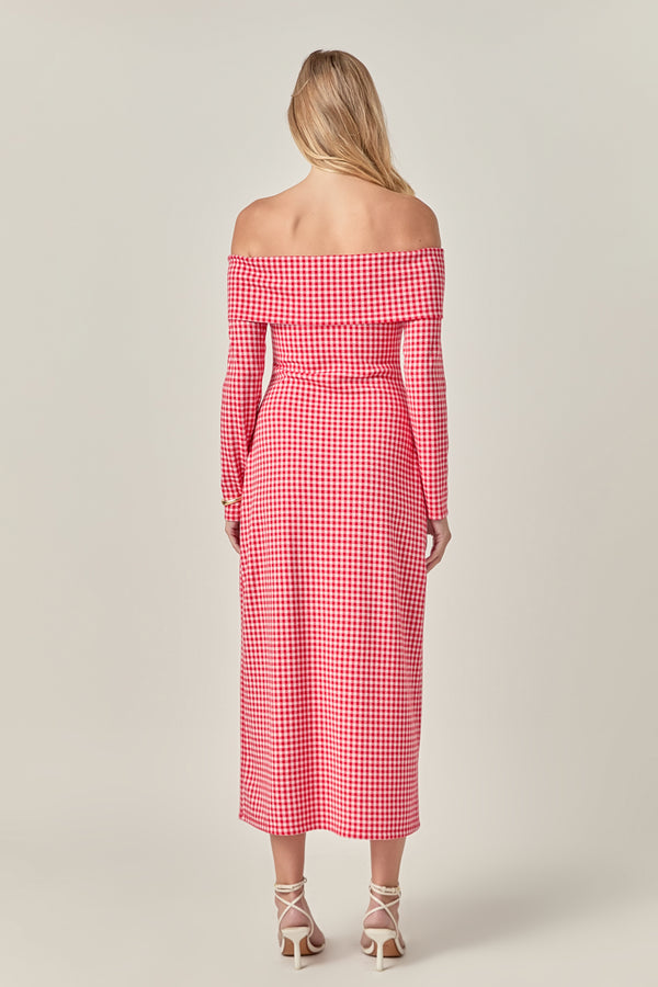 English Factory Off-Shoulder Gingham Midi Dress RED