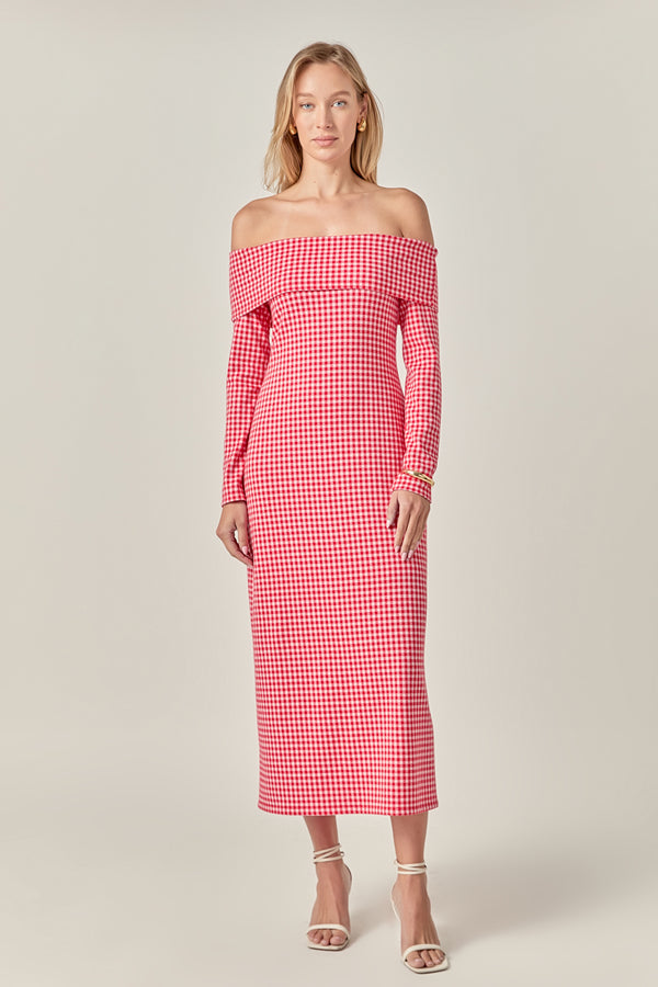 english factory Off-Shoulder Gingham Midi Dress RED