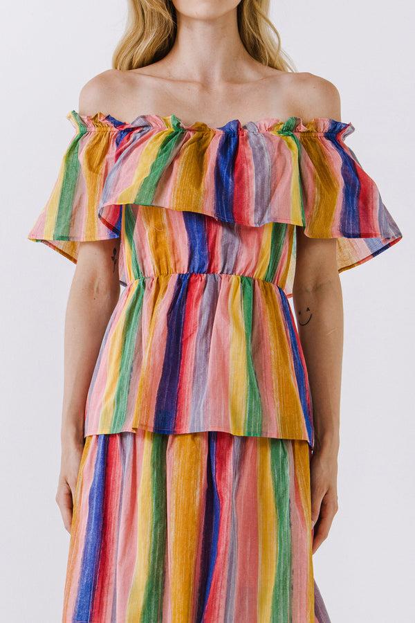 English Factory Off-The-Shoulder Multi Striped Dress PINK MULTI