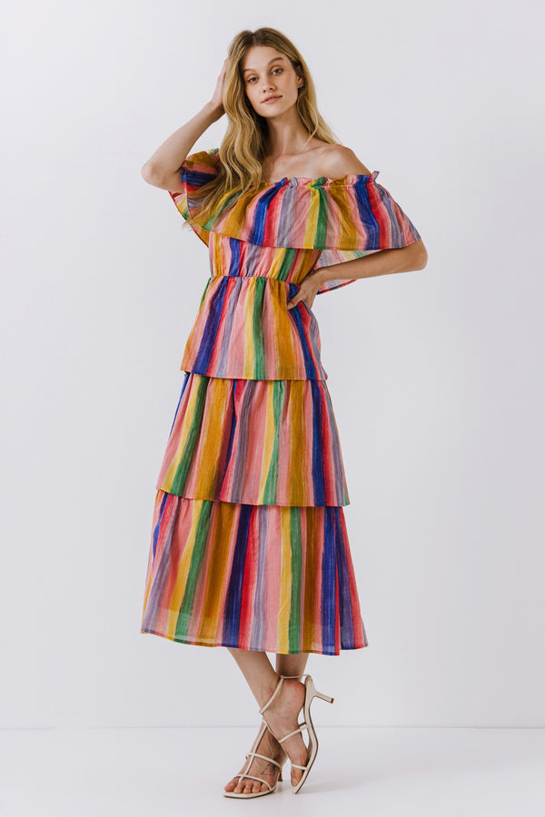 English Factory Off-The-Shoulder Multi Striped Dress PINK MULTI
